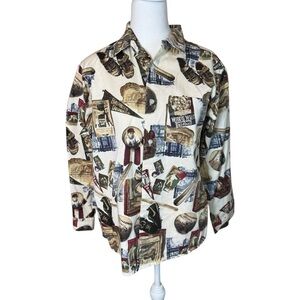 Vintage‎ MW Studio Womens Baseball All Over Print 100% Cotton Button Up Shirt 14